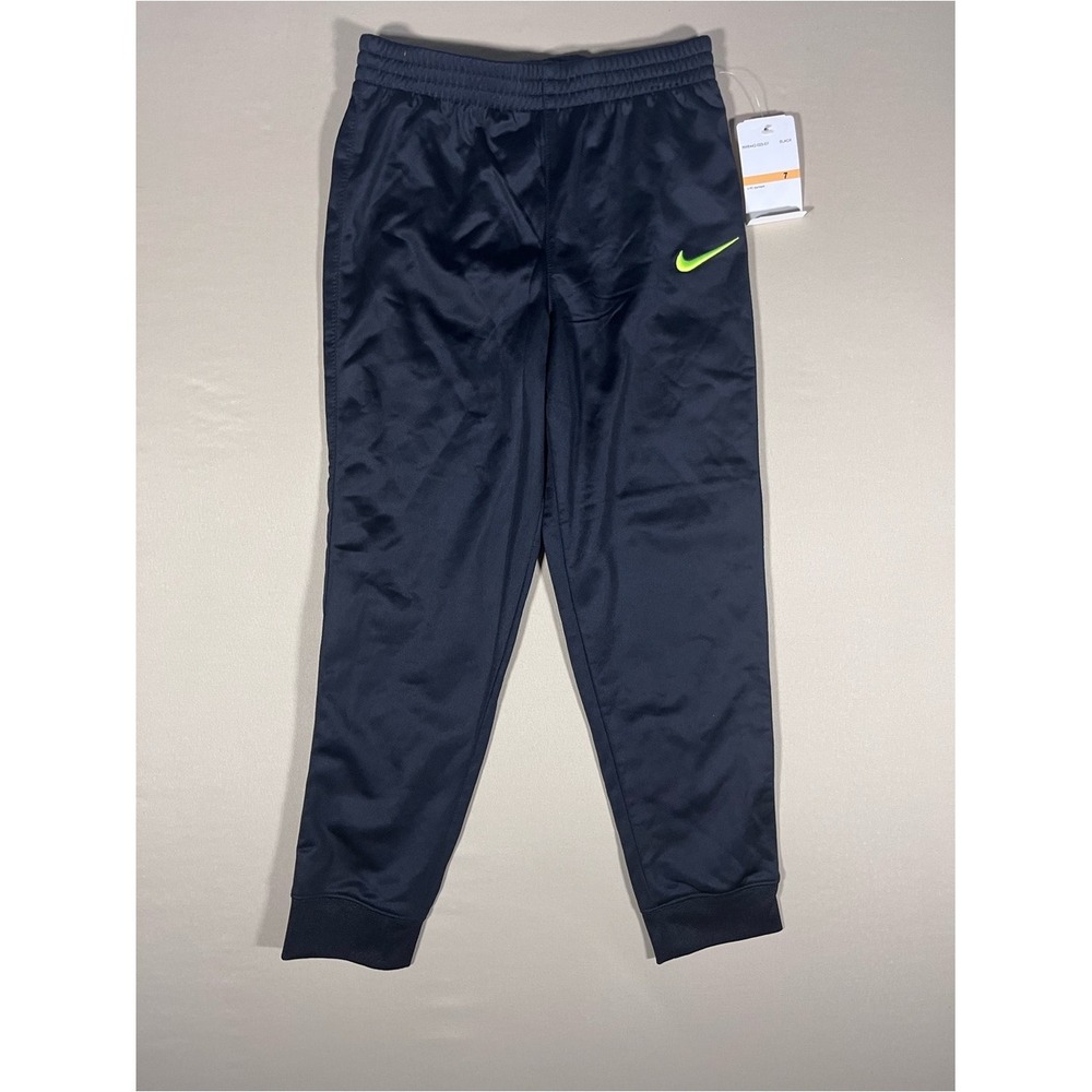 NWT Nike Boys Black Tricot Joggers Track Pants Lime Swoosh Size 7 L Athletic